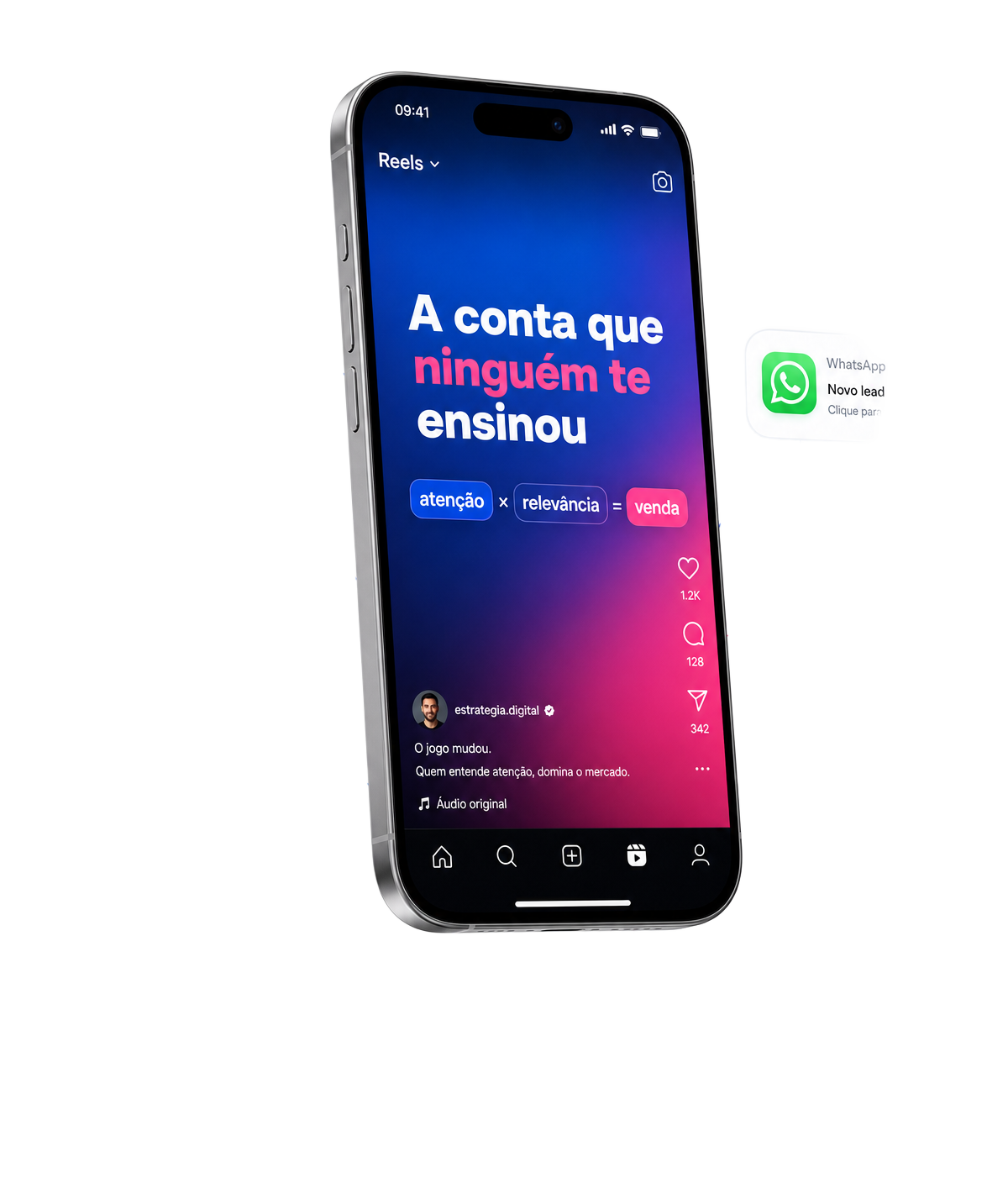 Mockup de iPhone com reel do Instagram mostrando a matemática da atenção